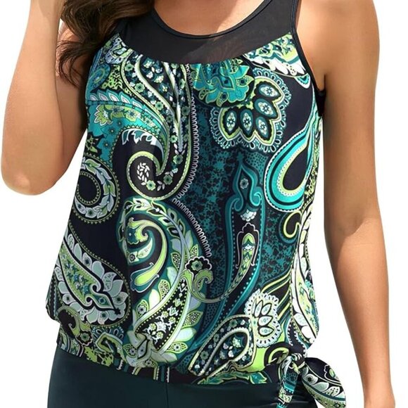 COORDINATED PAISLEY TANKINI & SOLID BLACK DRAWSTRING SHORTS SIZE MEDIUM NWT - Picture 2 of 13